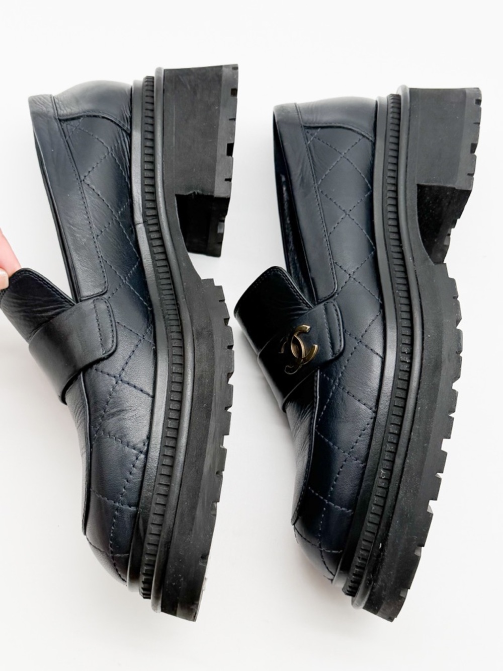 CHANEL CC Logo Dark Blue  Quilted Lug Sole Platform Loafers Leather EU 38.5 US8 - Picture 9 of 13